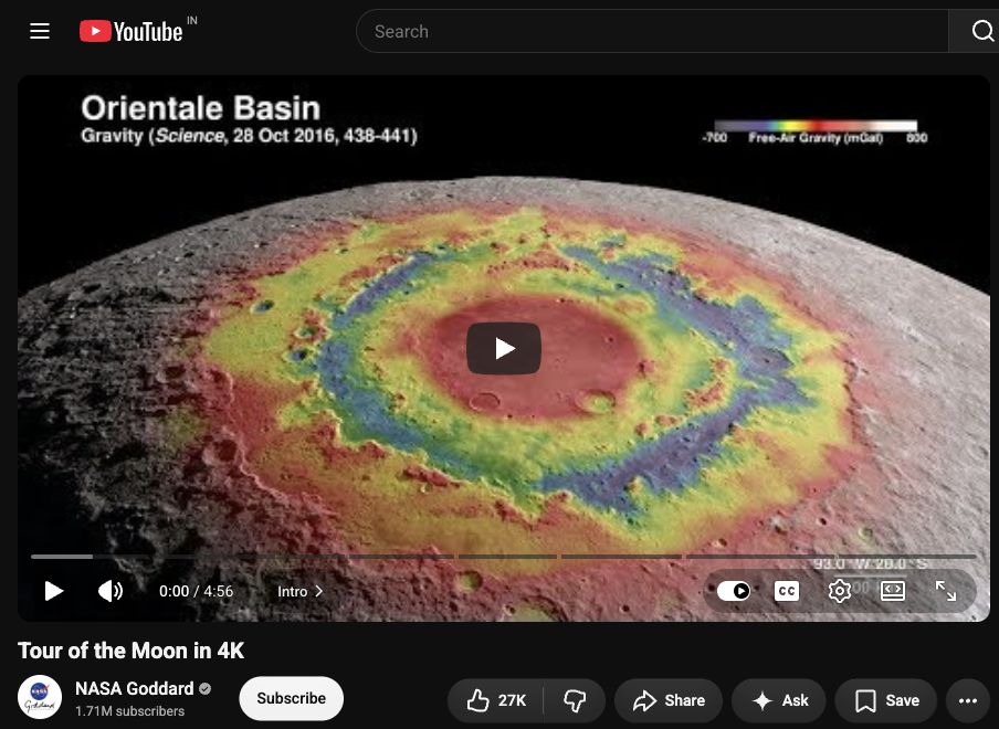 Cropped real YouTube page for NASA Goddard’s Tour of the Moon in 4K